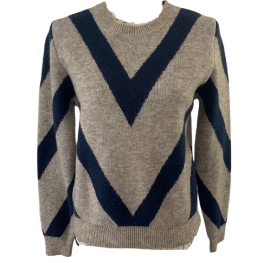 Taupe and Navy Blue Crew Neck Long Sleeve Chevron Pattern Sweater Small
